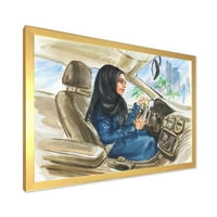 Dizajnerski crtež Arapska dama za volanom automobila - moderna uokvirena umjetnička gravura