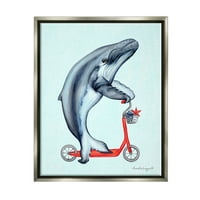 ; Jahanje kitova na Crvenom skuteru morski život grafika sjajno sivo plutajuće platno uokvireno zidni tisak, dizajn Amelie Lego