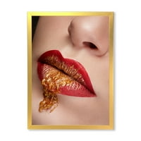 DesignArt 'Izbliza usne sa zlatom i crvenim make up' Moderni uokvireni umjetnički tisak