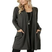 Ženski kardigan s dugim rukavima, Plus veličina, jednobojne jakne s otvorenim prednjim dijelom i džepovima, Crna, 5 inča