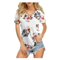 Majice s izrezom u obliku slova U za žene, grafički vrhovi kratkih rukava, bluze, majice običnog kroja, puloveri, majice s cvjetnim