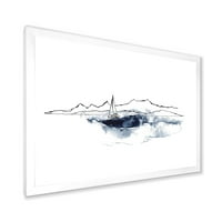 DesignArt 'minimalistički morski pejzaž s čamcem i crnim planinama' nautički i obalni uokvireni umjetnički tisak