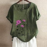 Lanene košulje za žene, ženske lanene košulje kratkih rukava, ljetne Vintage majice sa slatkim cvjetnim printom, labave Ležerne tunike