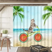 Zabavna zavjesa za tuširanje za mačke Plaža Palma Ocean životinja bicikl za odmor poliesterska tkanina dekor kupaonice 72.772 inča