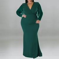 Ženska jednobojna haljina s izrezom u obliku slova U i resicama Plus size nova haljina Plus size zelena haljina u obliku slova U
