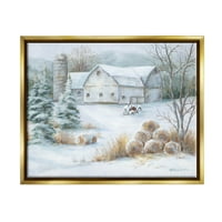 Nive Country Barn Snow Scene Pejzažno slikanje metalno zlatno uokvireno umjetničko print zid umjetnosti
