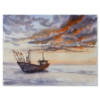 Drveni ribarski čamac na baltičkoj obali s večernjim oblacima Slikanje platna umjetnički tisak