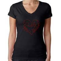 Ženska majica ukrašena rhinestonesom Crna majica za Valentinovo crveno srce s izrezom u obliku slova 'n', n ' n ' n ' n ' n ' n '