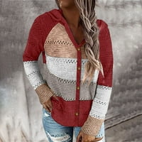 Rasprodaja, Ženski džemper s kapuljačom s dugim rukavima, dugmad, pletenina u boji, šuplje dukserice sa spojem, džemperi, majice