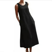 Ženska haljina Plus size proljetno-ljetna haljina bez rukava jednobojna plisirana haljina od pamuka i lana s džepovima Crna 6