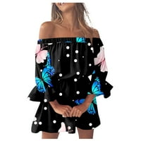 Modna ženska ljetna ležerna haljina s printom leptira s ramena, Mini haljina za plažu s volanima na rukavima, Crna;