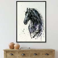 DesignArt 'Izbliza od frizijskog konja s poljoprivrednim kućama s dugim Manesom uokvirenim platno zidnim umjetničkim tiskom