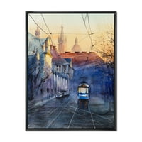 DesignArt 'Plavi tramvaj na zalasku sunca s crkvom tijekom Sunset Cityscape' Nautical & Coastal Framed Canvas Wall Art Print