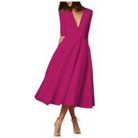 Ljetne haljine za žene s izrezom u obliku srednjeg kroja, boemska A kroja jednobojna haljina do lakta za datum u ružičastoj boji