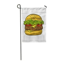 Svijetli klasični Burger uključuje pljeskavicu rajčica krastavac i salata Vintage vrtna zastava bijela boja Ukrasna zastava banner