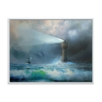 DesignArt 'Svjetla sjajna svjetlost tijekom olujnih oblaka Night II' Nautical & Coastal Framed Canvas Wall Art Print
