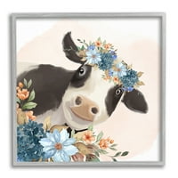 Stupell Industries Slatka tratinčica cvjetova cvjetna kruna nasmijane krave slike siva uokvirena umjetnička print zidna umjetnost,