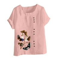 Ženske bluze Plus size, pamučna lanena majica s cvjetnim printom, vrhovi leptira, široke majice s ukrasom gumba