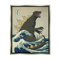Stupell Industries Godzilla In The Waves Istočni plakat Style Ilustracija sjajnog sivog uokvirenog plutajućeg platna zidna umjetnost,