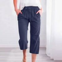 ženske Capri hlače od pamuka i lana u donjem rublju-Ležerne jednobojne hlače s džepovima, široke hlače od mješavine pamuka s vezicama,