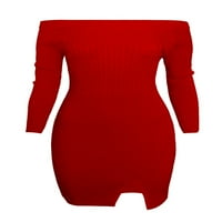 Ženski stilski ugrađeni pleteni džemper s dekolteom čamca, pripijena haljina u obliku haljine 9078-crvena-Aboud