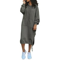 Ženska jednobojna haljina s kapuljačom s kapuljačom s dugim rukavima, topla ležerna haljina s džepovima u sivoj boji