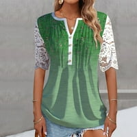 Ženske bluze za žene, čipkaste majice kratkih rukava za žene, ležerni vrhovi s izrezom u obliku slova u, zeleni u obliku slova u