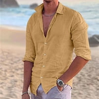 Muške košulje od pamuka i lana, Ležerne košulje na plaži s reverima na kopčanje i dugim rukavima, lagane, jednobojne kardigan košulje