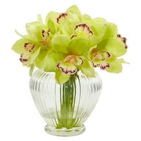 Gotovo prirodni Cymbidium orhideja umjetno cvijeće u staklenoj vazi, zelena