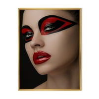 DesignArt 'Crvene usne Crna šminka na očima maske djevojke' Moderno uokvireno platno zidni umjetnički tisak