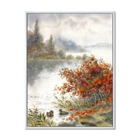 Dizajnerski crtež pogled na jezero u jesenskim bojama tradicionalni uokvireni zidni otisak na platnu