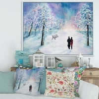 DesignArt 'par zaljubljenih šetnji tijekom snježnog zimskog vremena tradicionalno uokvireno platno zidne umjetničke tiska