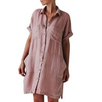 Ženske ljetne haljine Ženska pamučna košulja s ovratnikom s kratkim rukavima košulja s džepovima nepravilnog oblika za žene ružičasta;