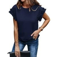 Tamnoplave Ležerne obične majice s okruglim vratom detalji: Ženske majice s volanima
