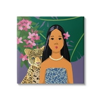 Stupell Industries Portret Girl Leopard Friend Pink Flowers Listove, 17, dizajn Sally Springer Griffith