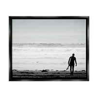 Stupell Industries Surfer Silhouette Beach šetnja udaljenim oceanskim valovima fotografija Jet Crni plutajući uokvireni platno Umjetnost