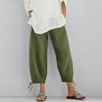 Ženske hlače u donjem rublju, Ležerne ljetne jednobojne rastezljive široke pamučne i lanene hlače visokog struka, skraćene hlače