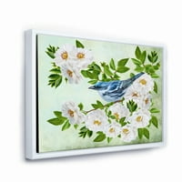 DesignArt 'mala plava ptica koja sjedi na grani biljke bijele ruže' Tradicionalno uokvireno platno zidne umjetničke tisak