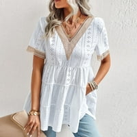 elegantna ženska majica, ležerna čipkasta bluza s kratkim rukavima, ljetna tunika s naborima, jednobojne košulje s izrezom u obliku