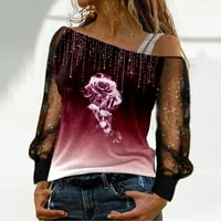 Ženska majica s modnim printom s ramena, mrežasta bluza dugih rukava s spojenim vrhovima