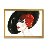 Dizajnerska umjetnost portret žene s crvenom kosom, Dama u šeširu uokvirena suvremena umjetnička gravura
