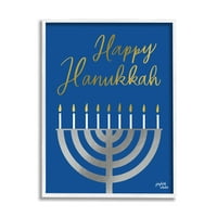 Stupell Industries Happy Hanukkah kaligrafija Radians Lit Candles Menorah Grafička umjetnost Bijela uokvirena umjetnička tiskana