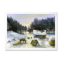 Dizajnerski crtež Vikendica prekrivena snijegom sa zimskim krajolikom u uokvirenom seoskom stilu