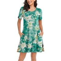 Ženske haljine midi haljina kratkih rukava labava ljetna haljina A kroja s cvjetnim printom s okruglim vratom svijetloplava 4 inča