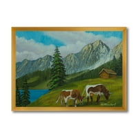 Dizajnerski crtež krave na zelenoj livadi s planinskim krajolikom s uokvirenim umjetničkim printomSeoska kuća.
