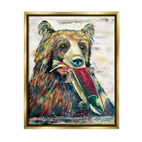 Stupell Bear & Fish Moderna divljina SPLASH Animal & Insects Slikanje zlatnog plutara uokvirenog umjetničkog tiska Zidna umjetnost