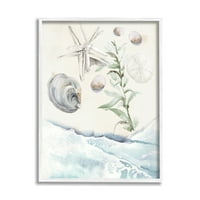 Stupell Starfish & Shells Lapping Beach Shore Pejzažno slikanje bijele uokvirene umjetničke print zidne umjetnosti