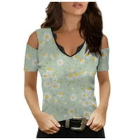 Ženska majica kratkih rukava s izrezom u obliku slova u, čipkasta majica s cvjetnim printom, ženski vrhovi, Višebojni u boji, u obliku