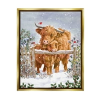 Stupell Industries Zimska goveda Zbirka snijega Prizor odmor za odmor Zlatni plutač uokviren umjetnički print zidna umjetnost