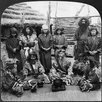 Japan: Ainu, 91906. Skupina muškaraca Ainu odjevenih u svečanu odjeću, Otok Ezo, Japan. Stereografija, 91906. Ispis plakata iz